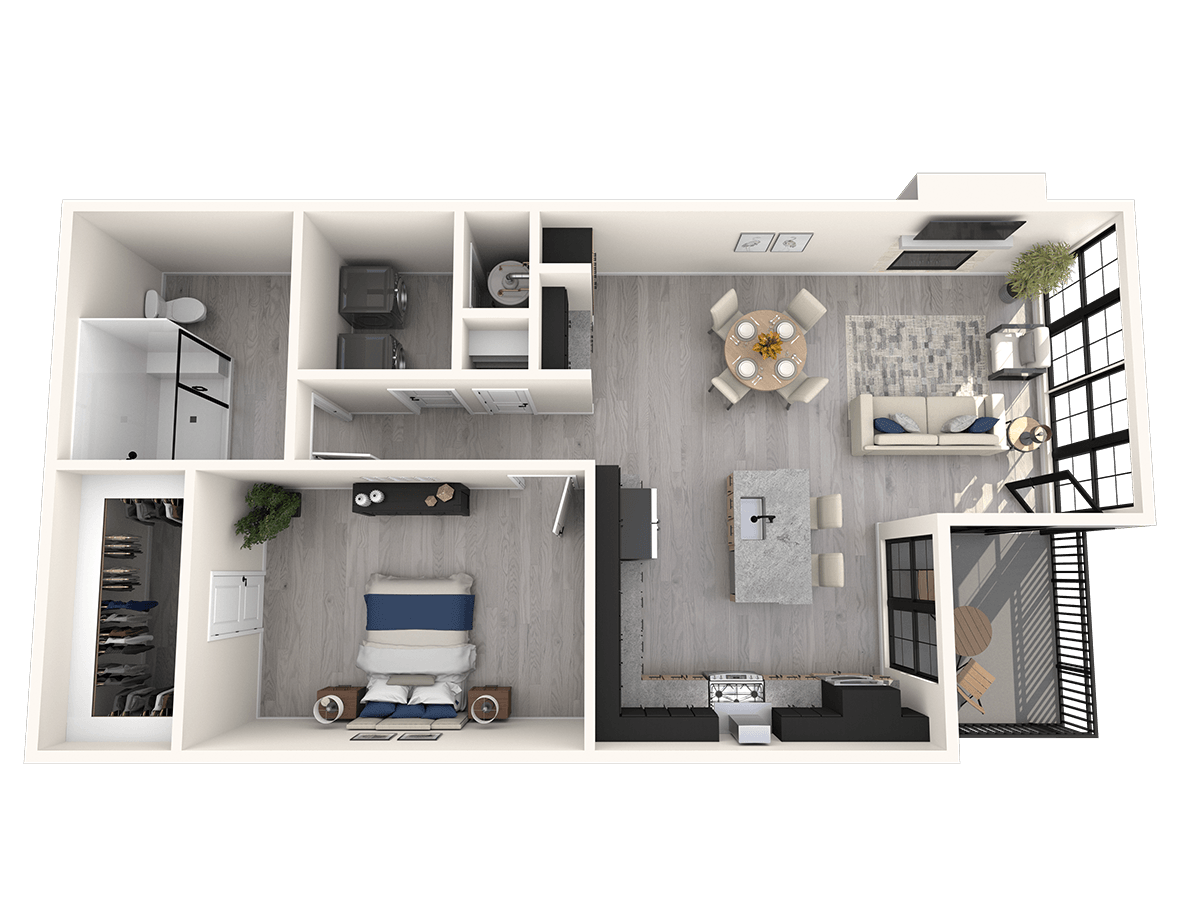 Floor plan for 1 bed, 1 bath, 956 sqft